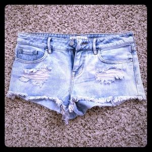 Distressed jean shorts, low rise